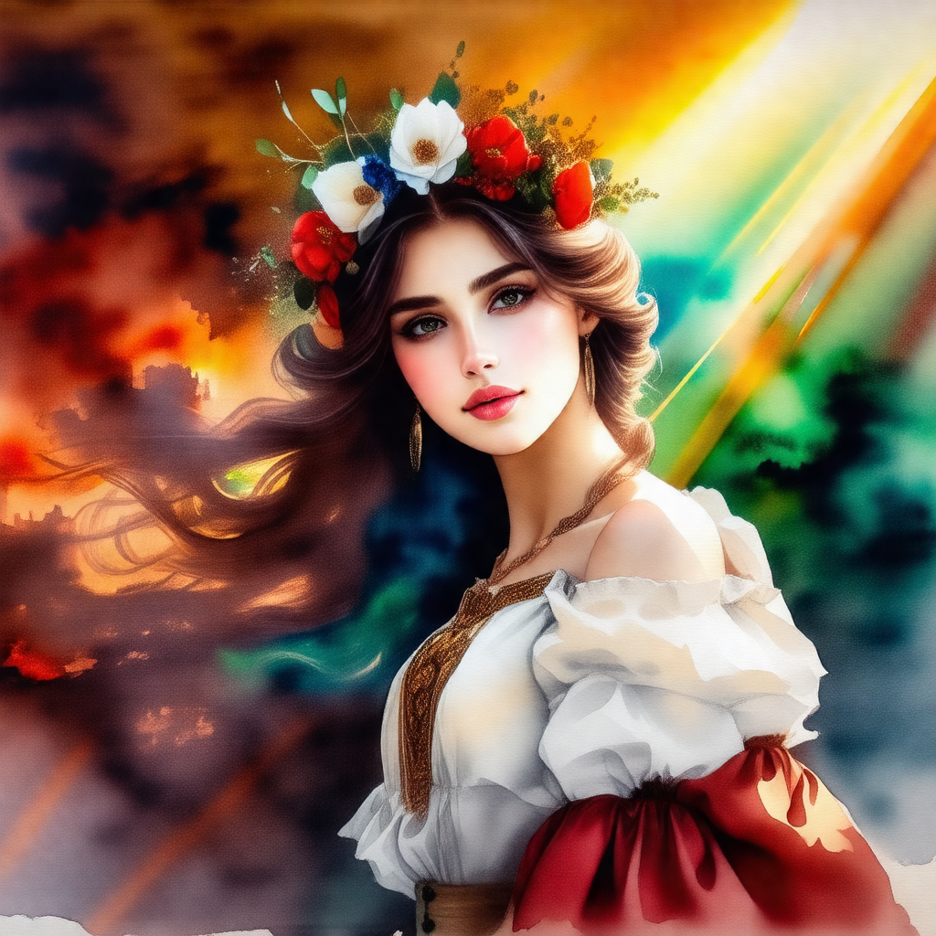 Beautiful woman with long, flowing hair, wearing a white ...