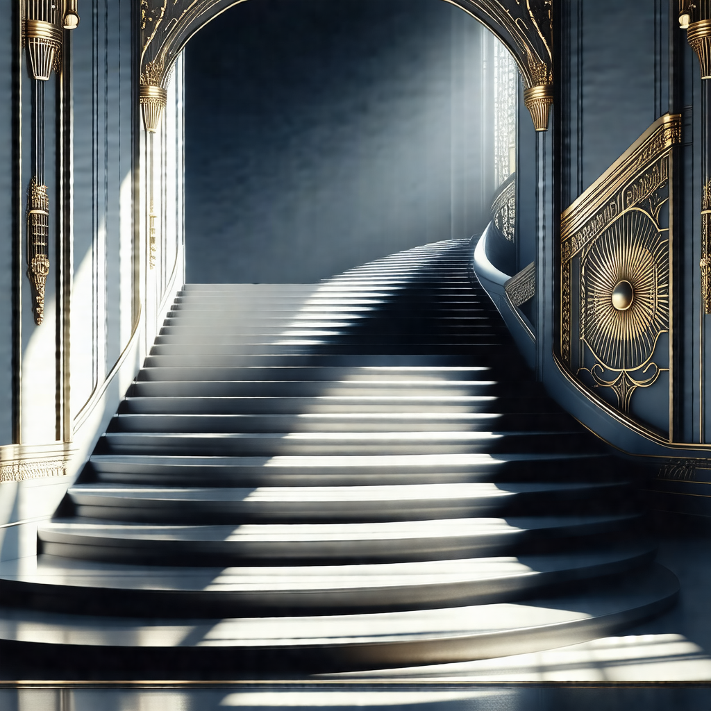 Grand staircase in a palace, leading up to a doorway