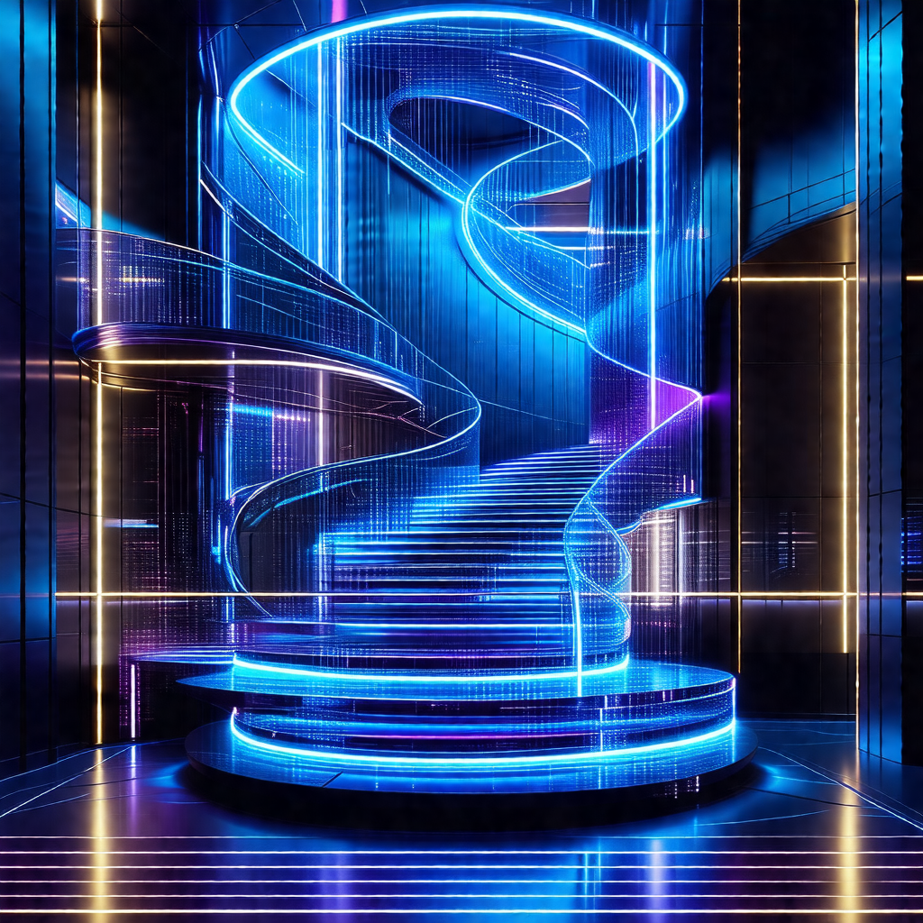 Spiral staircase with a blue light illuminating it