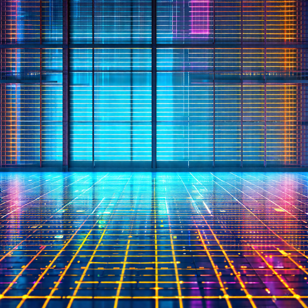 Futuristic cityscape with a large, colorful building in t...