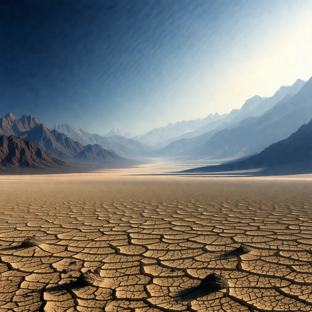 Vast, dry landscape with a mountain range in the background