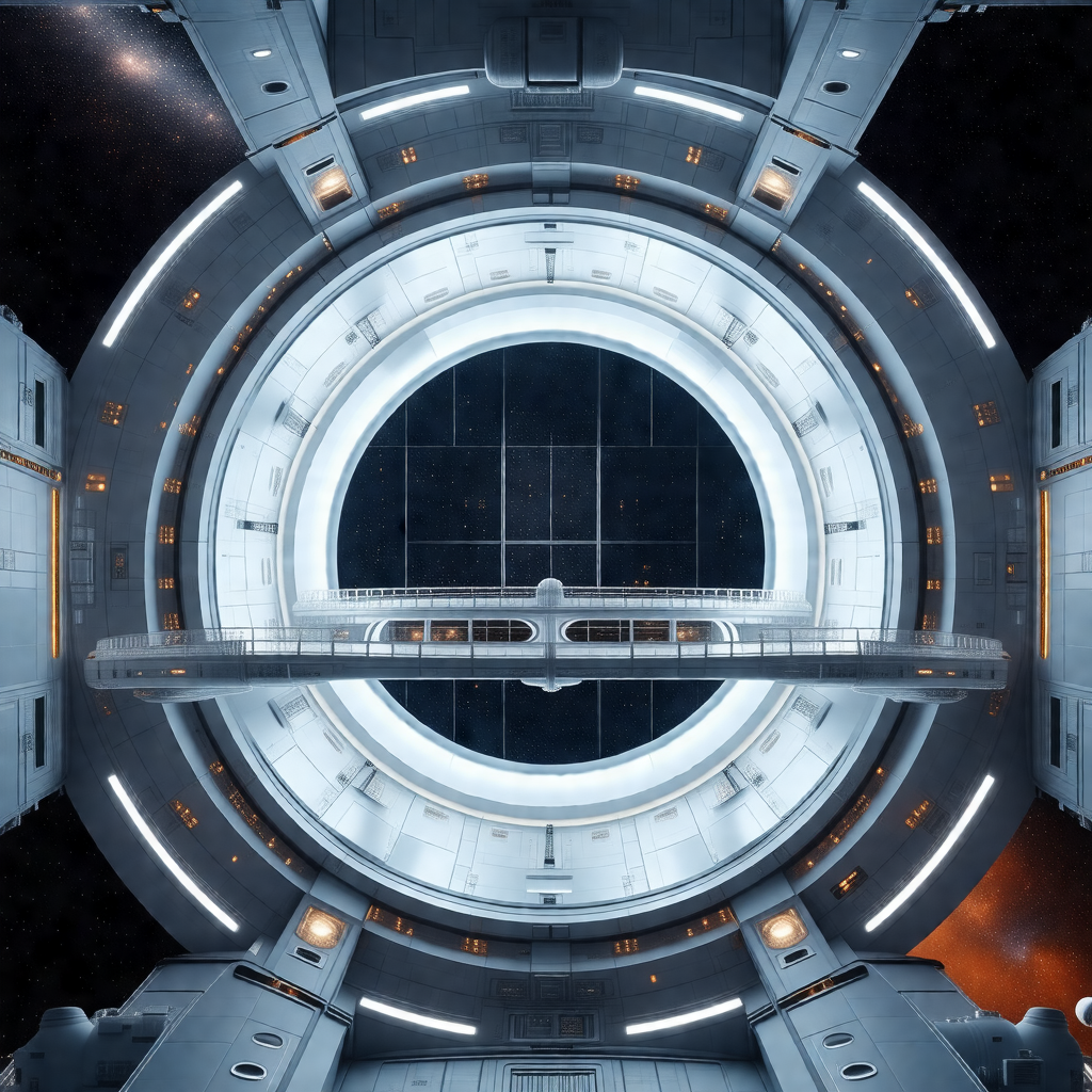 Black and white photo of a large, white space station