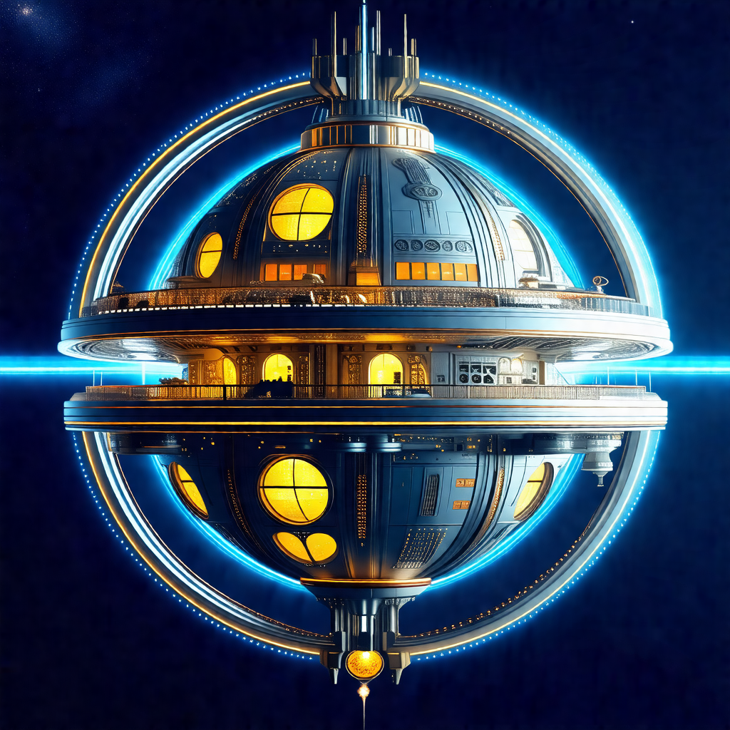 Futuristic drawing of a large, round building with a dome...