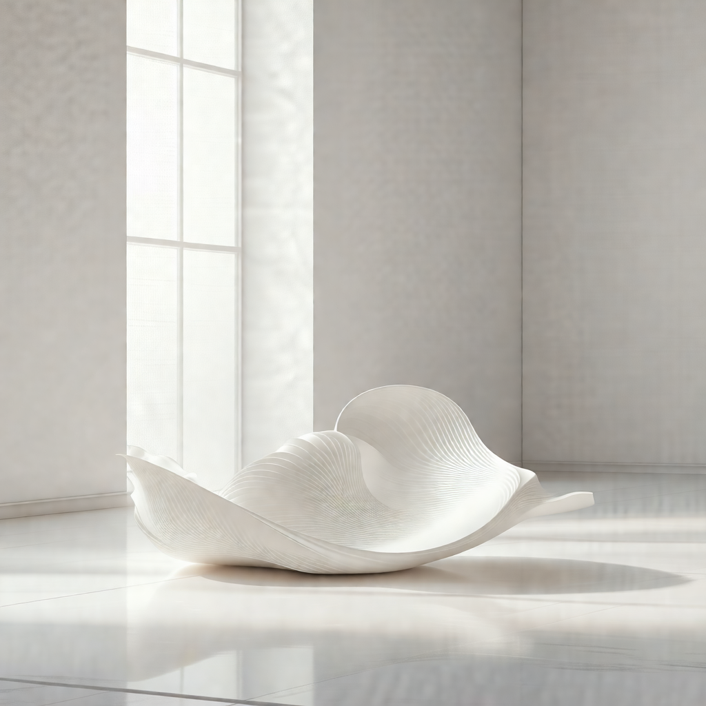White, curved sculpture placed on a white tile floor