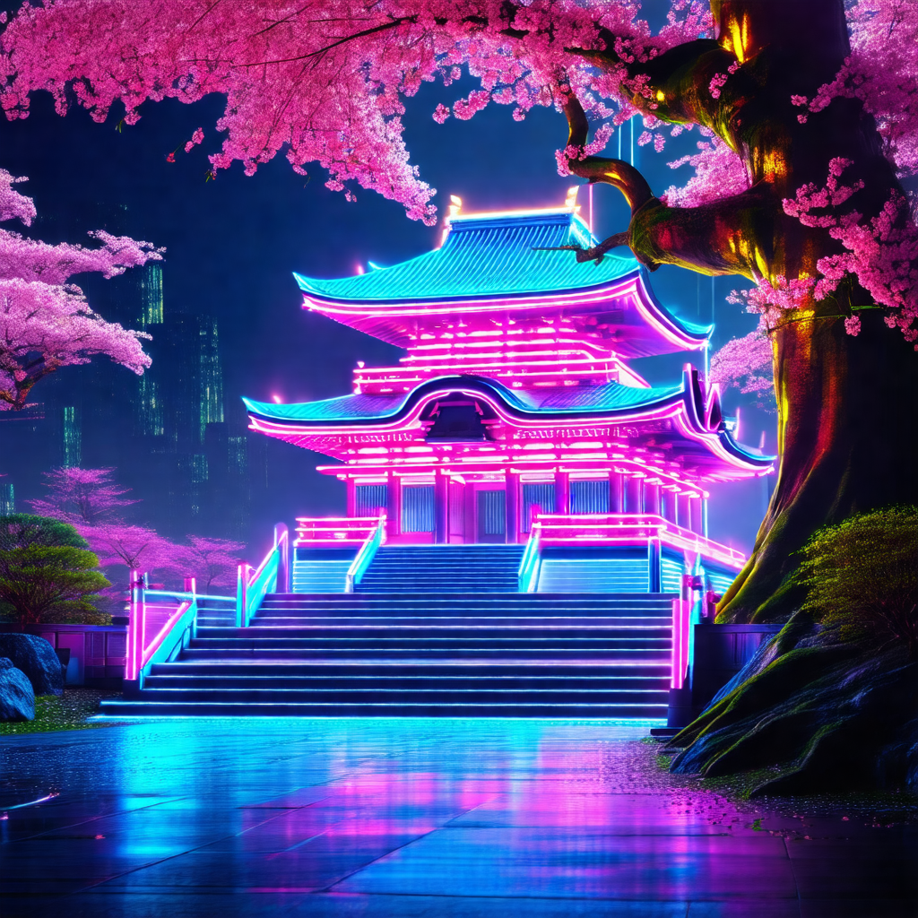 Large, colorful building with a pink and purple glow