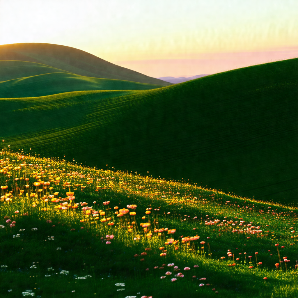 Beautiful, lush green hillside with a field of flowers