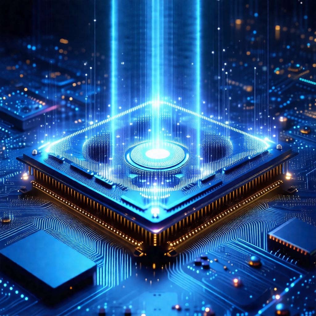 Futuristic computer circuit board with a blue glowing lig...