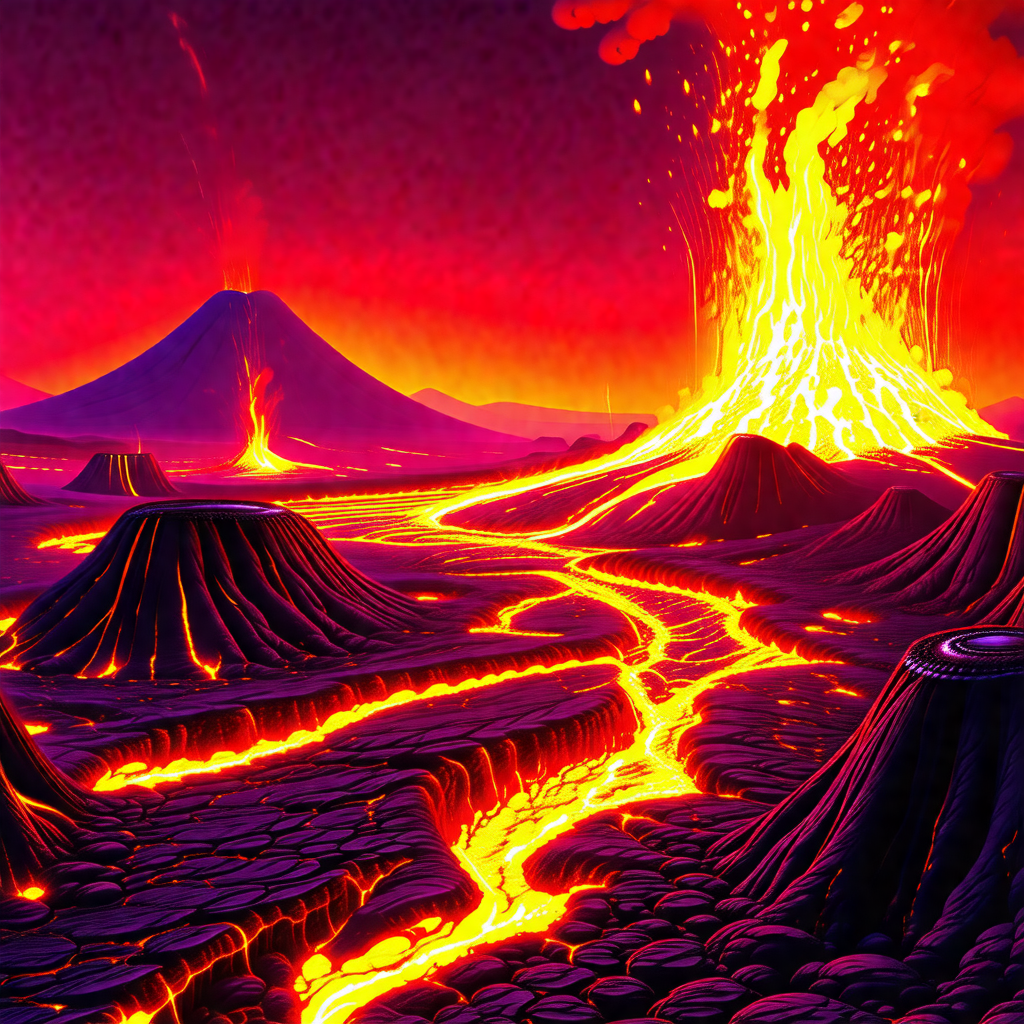 Volcanic landscape with a large, red lava flow pouring ou...