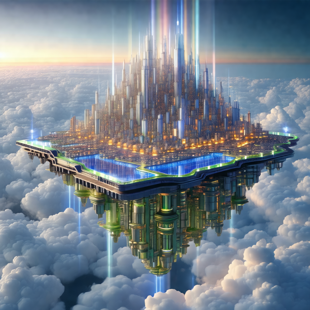 Futuristic cityscape with a large, sprawling cityscape in...