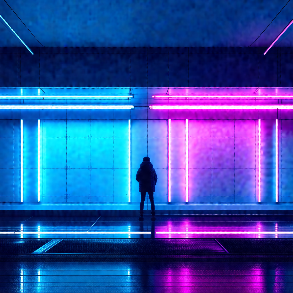 Woman standing in a room with a brightly lit, colorful ba...