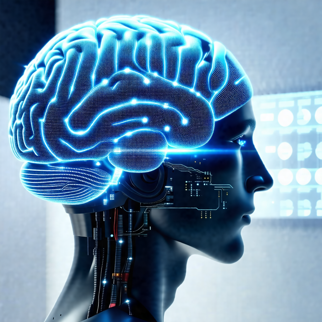 Close-up of a human head with a blue and white brain visible