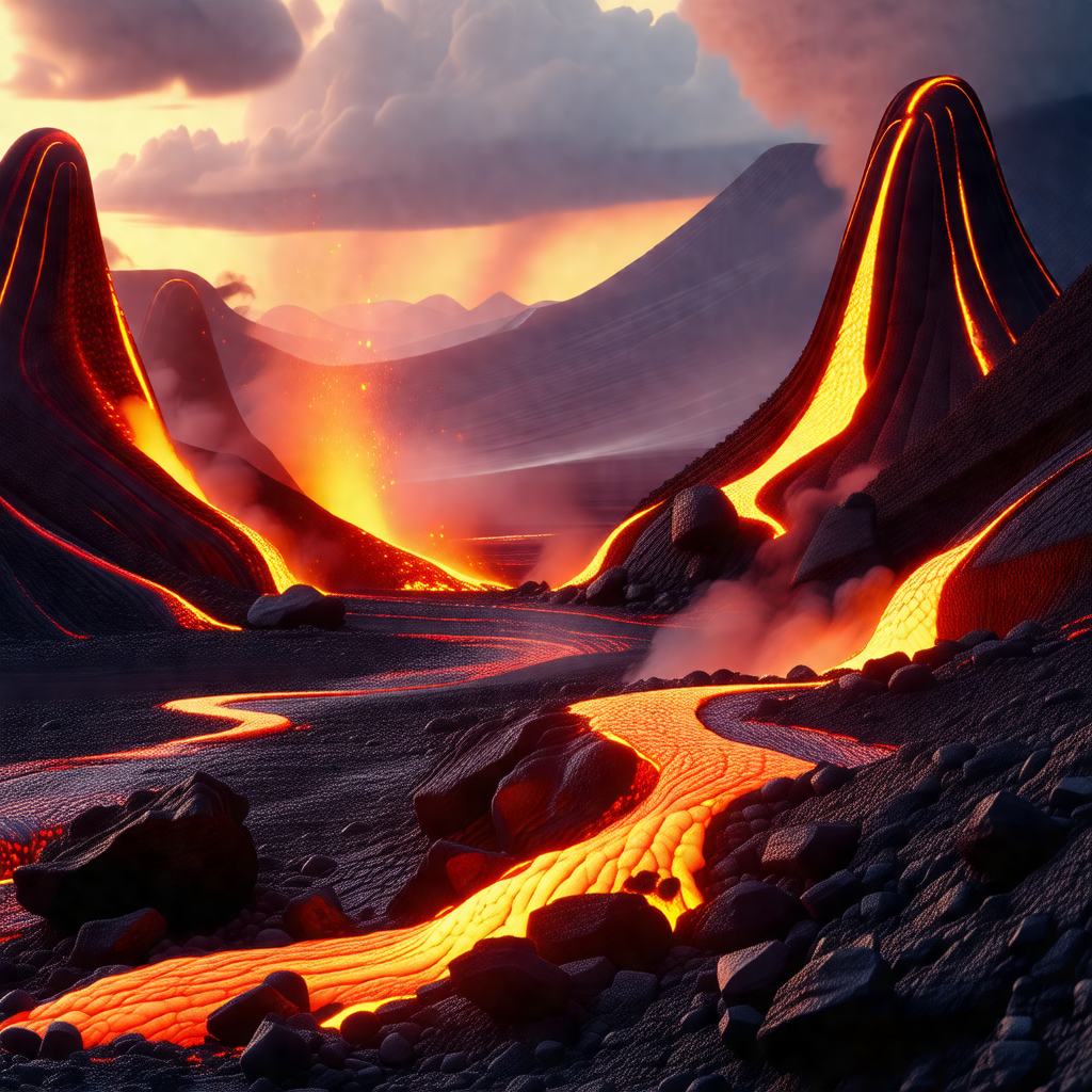 Digital painting of a volcanic landscape with a river of ...