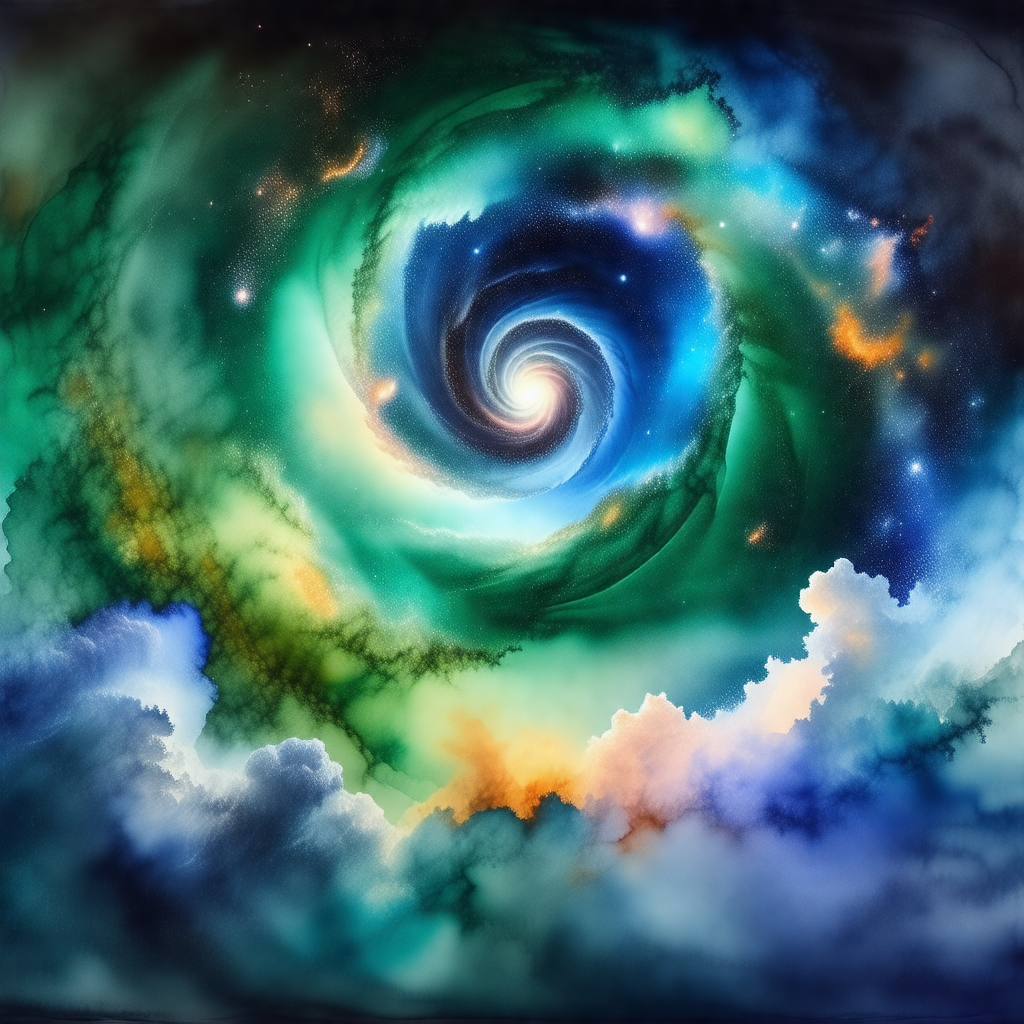 Painting of a spiral galaxy, featuring a swirling pattern...