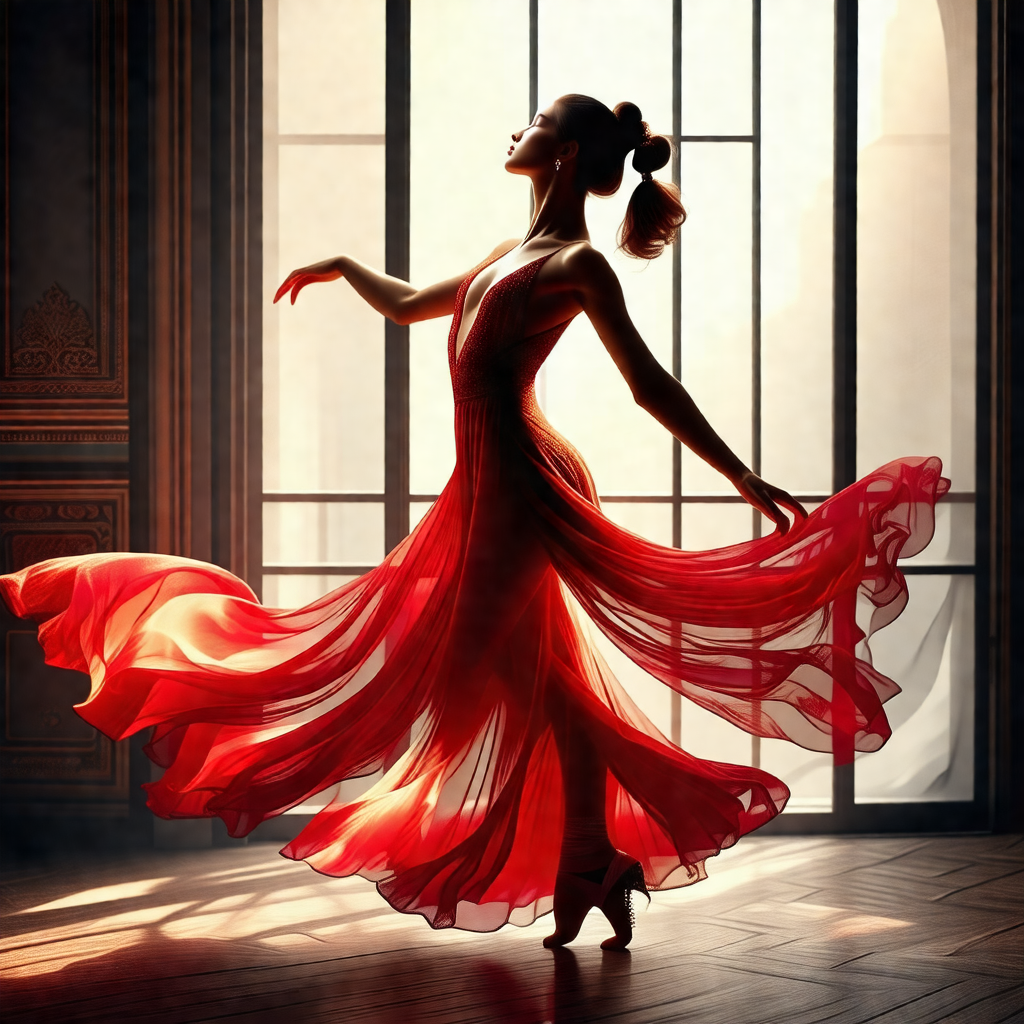 Woman in a red dress, dancing gracefully in a room