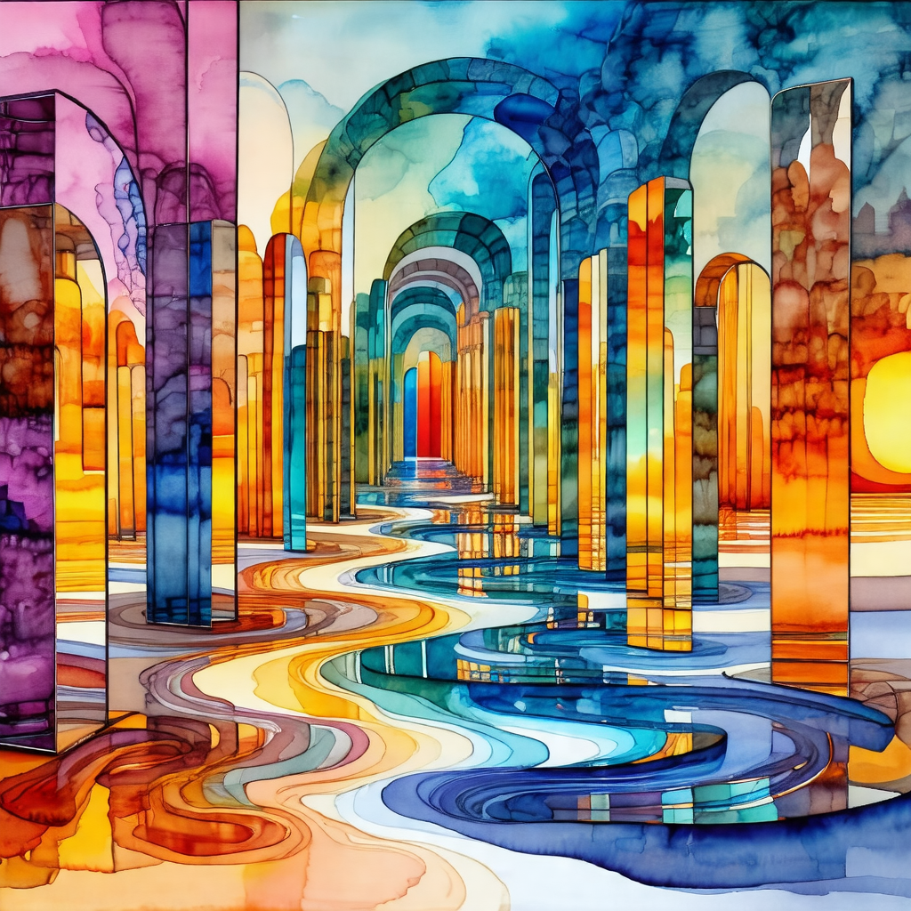 Painting of a colorful waterway with a series of tall, co...