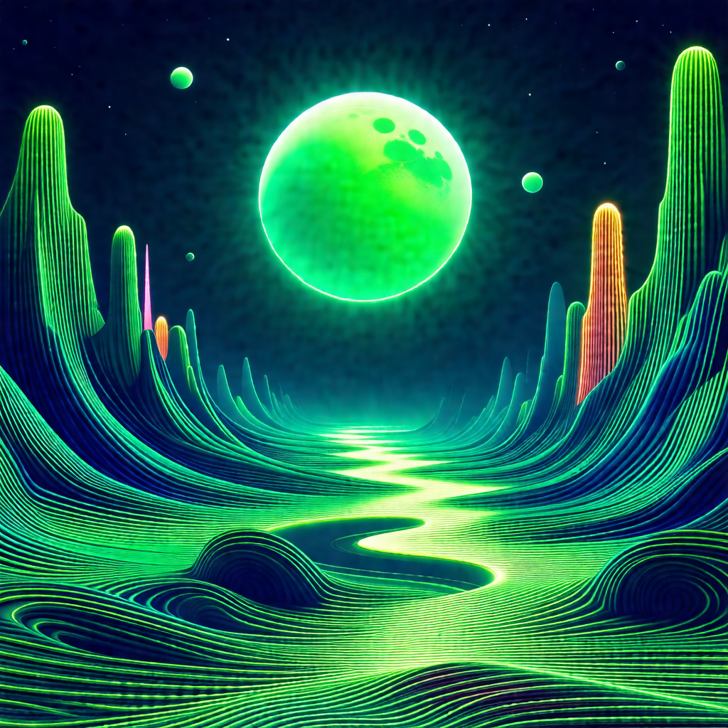 Green planet with a moon in the background