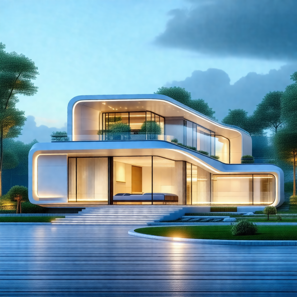 3d rendering of a modern, white house with a curved roof
