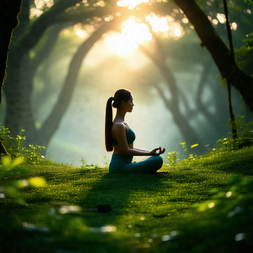 Woman sitting in a grassy field, surrounded by trees