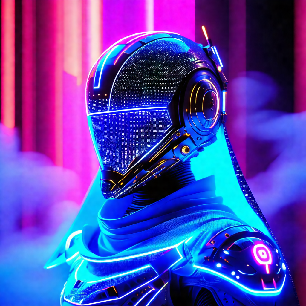 Futuristic robot with a blue and purple hue, standing in ...