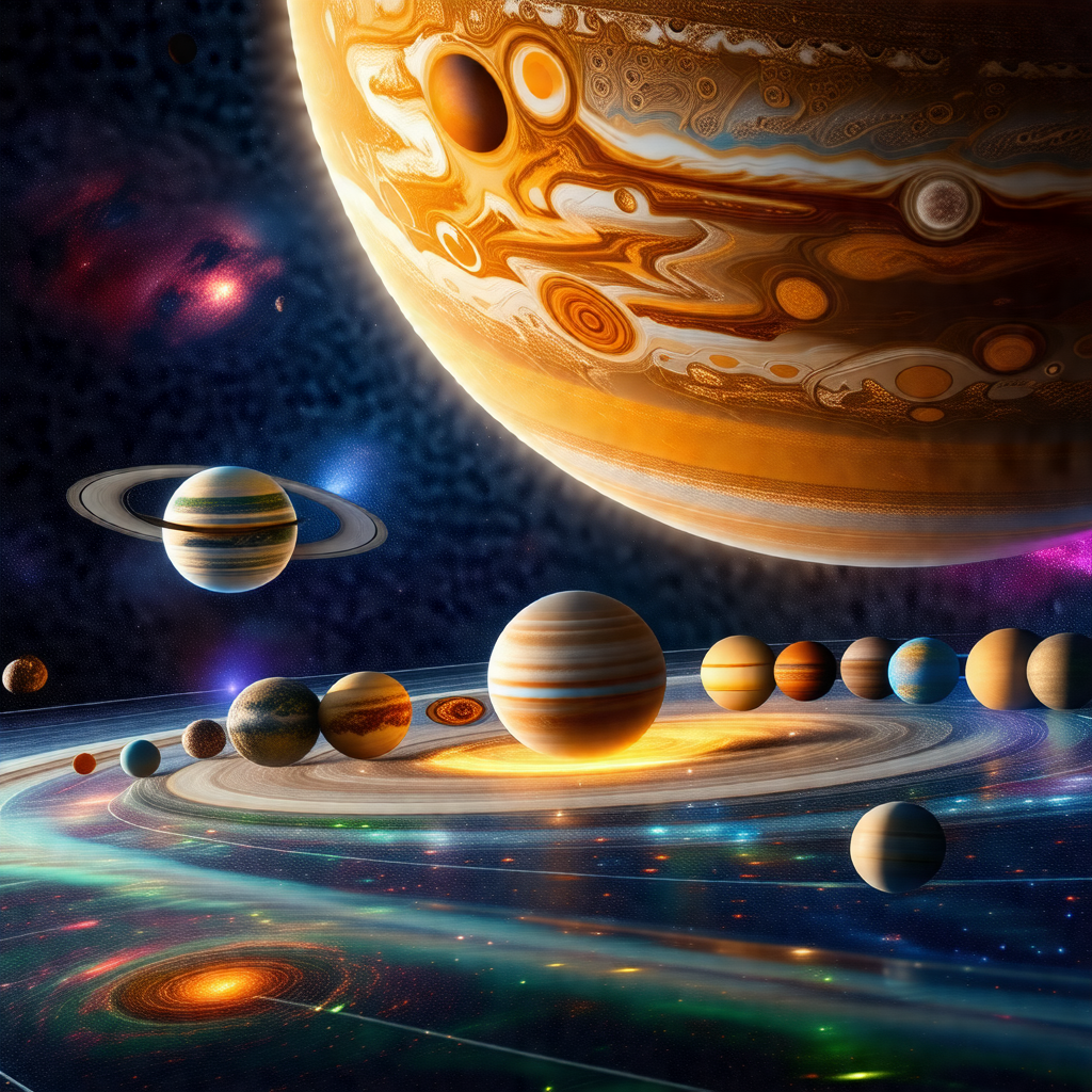 Colorful and detailed illustration of a solar system, sho...