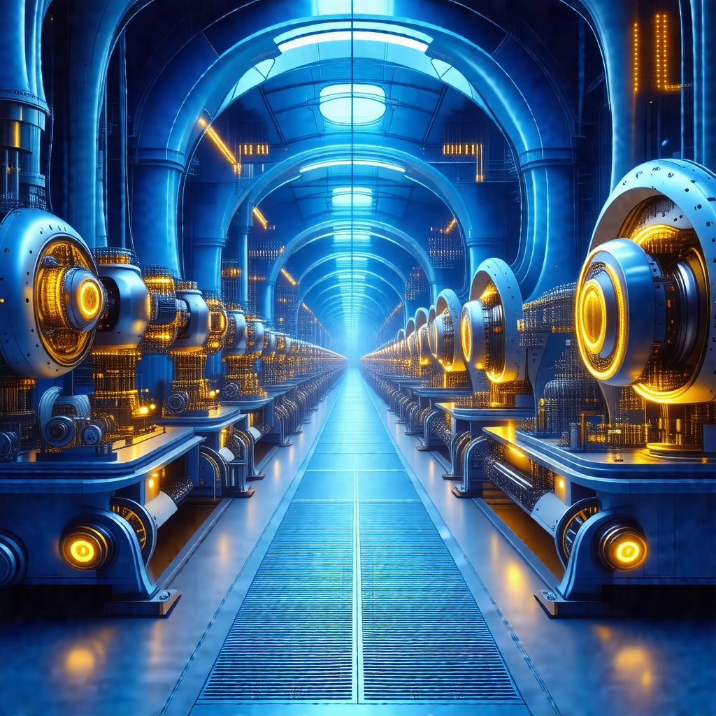 Blue-toned, futuristic scene featuring a long, narrow hal...