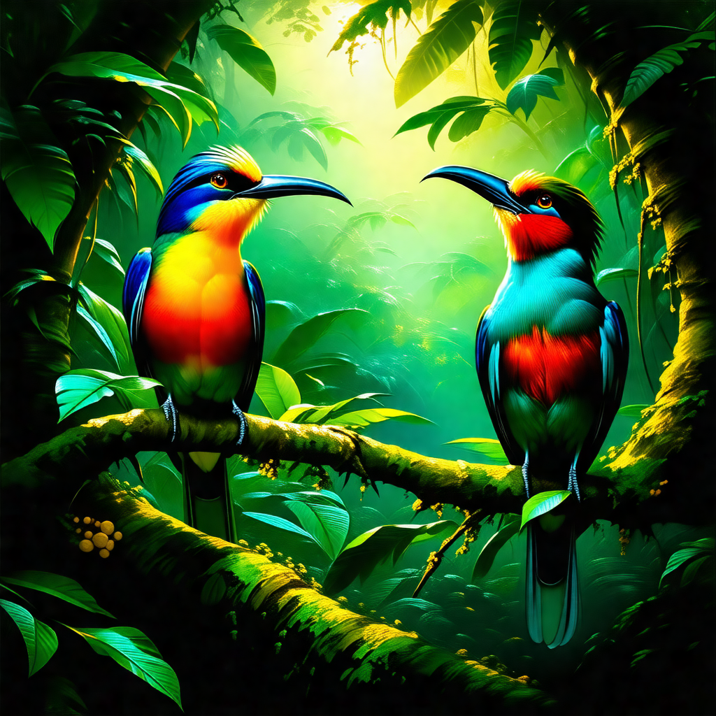 Two colorful birds perched on a tree branch