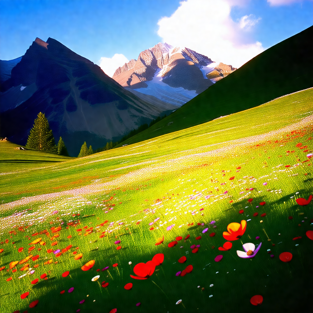 Beautiful, lush green field with a mountain range in the ...