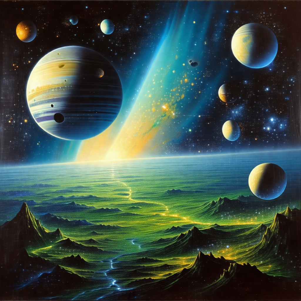 Painting of a space scene featuring a variety of celestia...