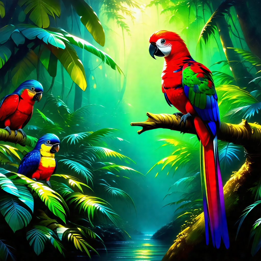 Lush green forest with a variety of birds perched on tree...