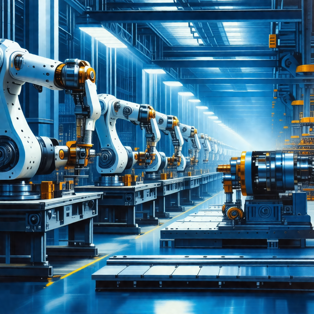 Factory with a long row of robots lined up on a conveyor ...
