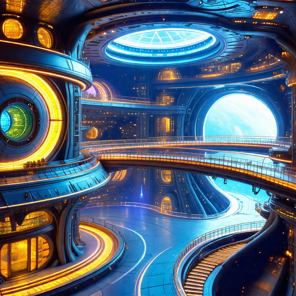 Futuristic, blue-lit space station with a large, open atrium