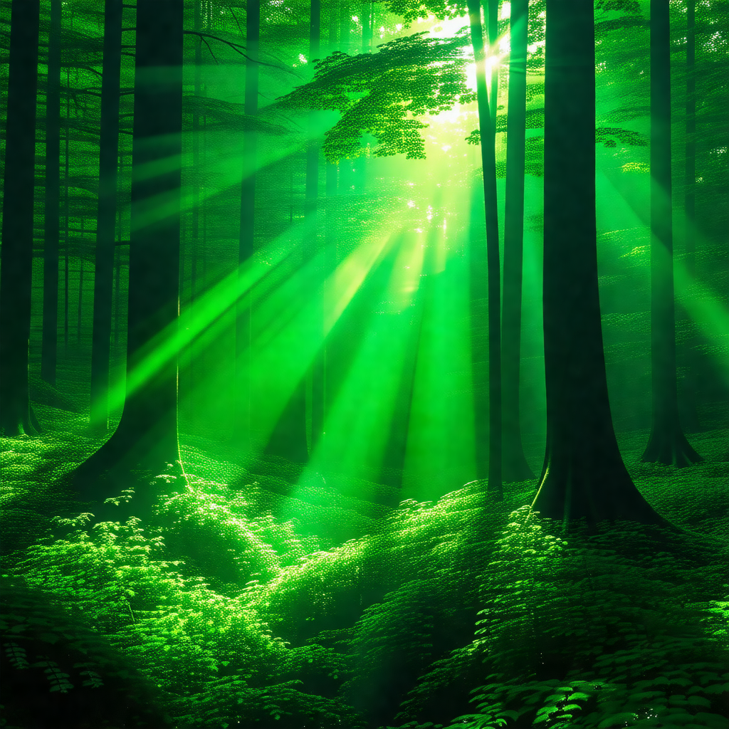 Lush green forest filled with trees and sunlight