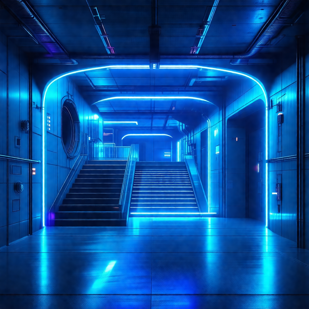 Futuristic, blue-lit stairwell in a building