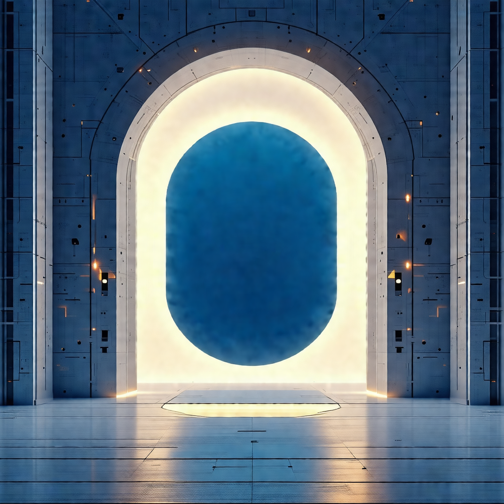 Large, blue, circular object in the center of a room