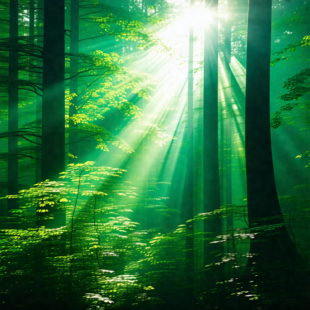 Lush green forest filled with trees and sunlight