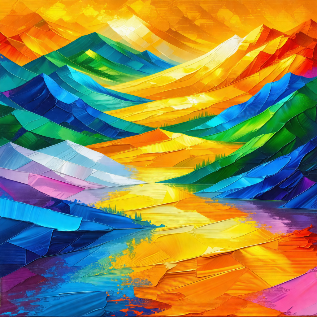 Painting of a mountainous landscape with a river flowing ...