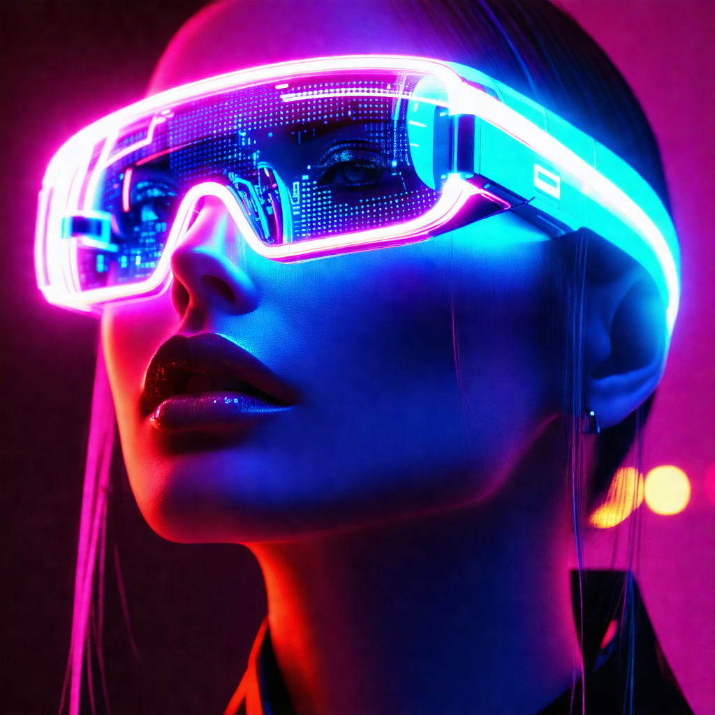 Woman wearing a pair of glowing blue glasses, which are i...