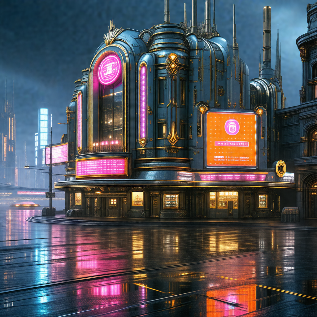 Black and white drawing of a large building with a pink a...