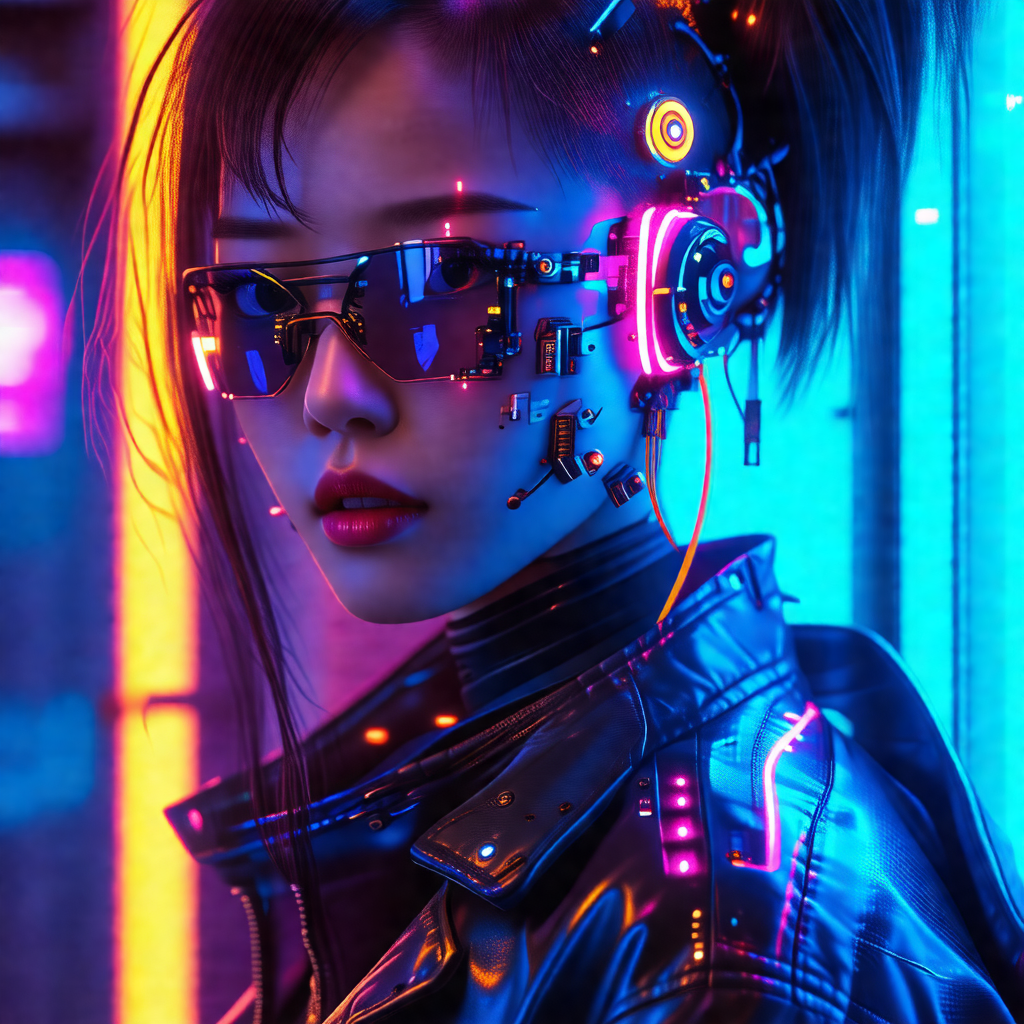 Woman wearing a futuristic outfit, including a leather ja...