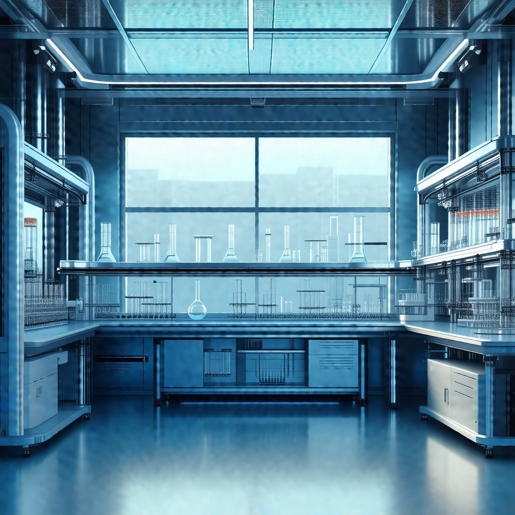 Blue and white drawing of a laboratory