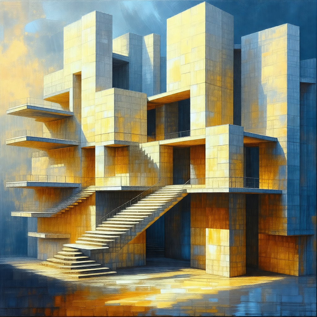 Painting of a large, modern building with a staircase lea...