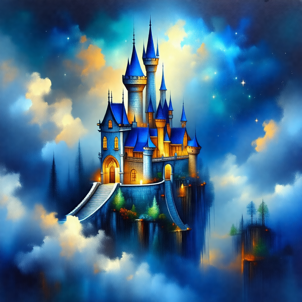 Beautifully drawn castle with a blue and white color scheme
