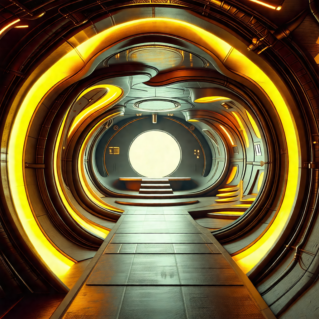 Futuristic space station with a long, curved hallway