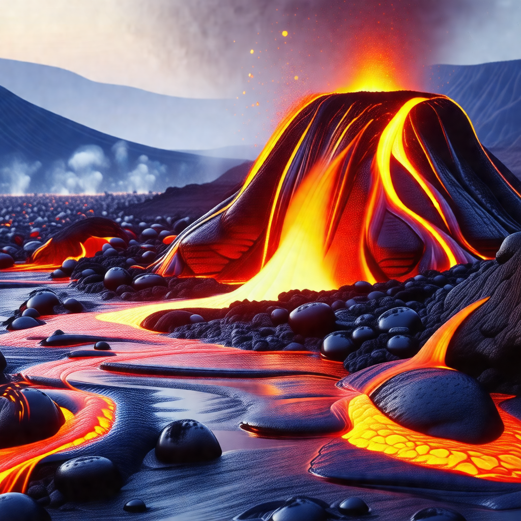 Large, red, and black volcano with a flowing lava river