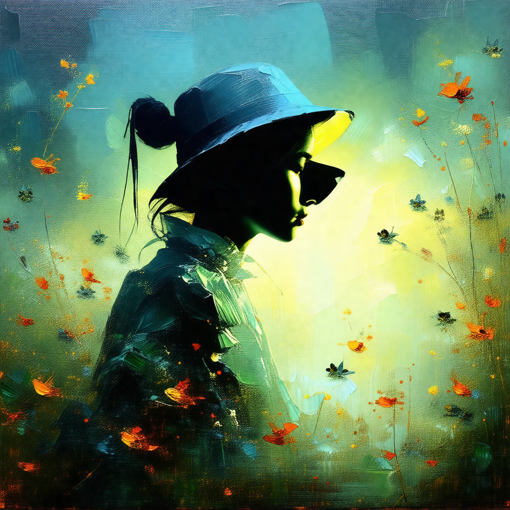 Woman wearing a hat and a coat, standing in a field of fl...