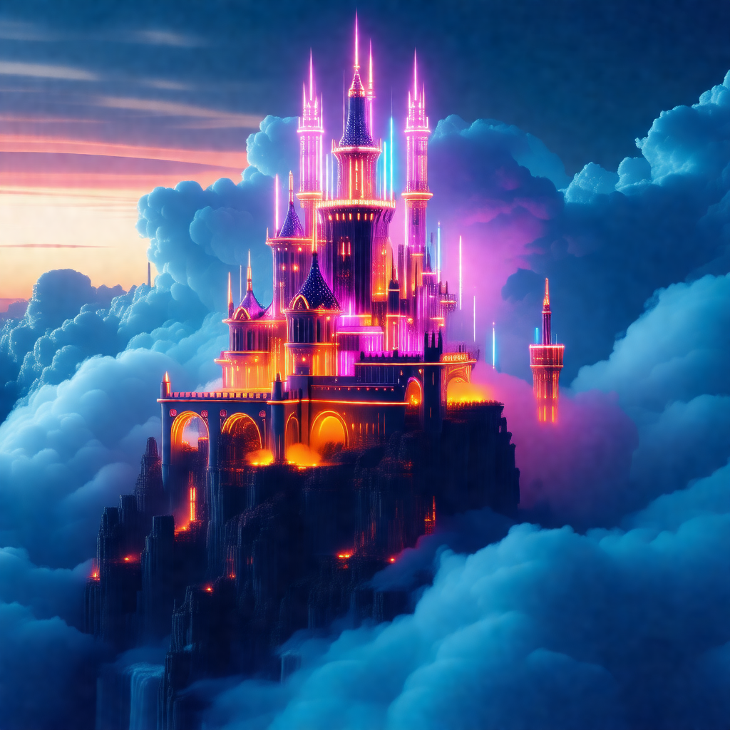 Majestic castle with a purple glow, towering over a cloud...