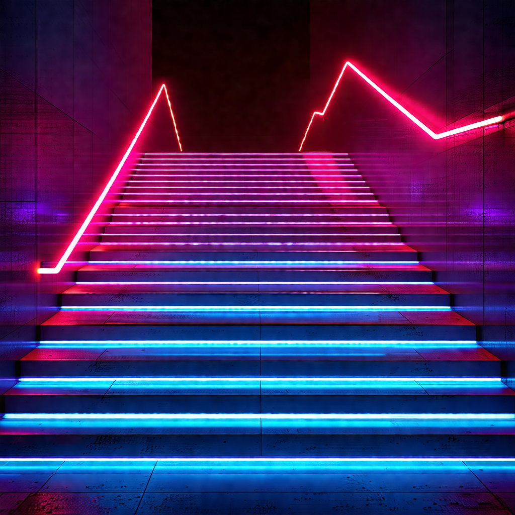 Staircase with a blue and red light illuminating the steps