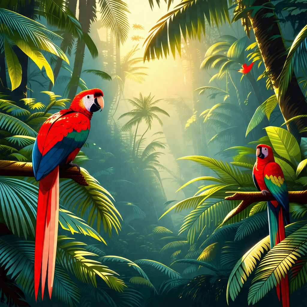 Lush green forest with two colorful parrots perched on tr...