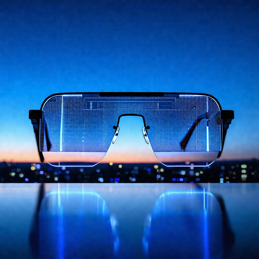 Pair of glasses with a blue tint, placed on a table