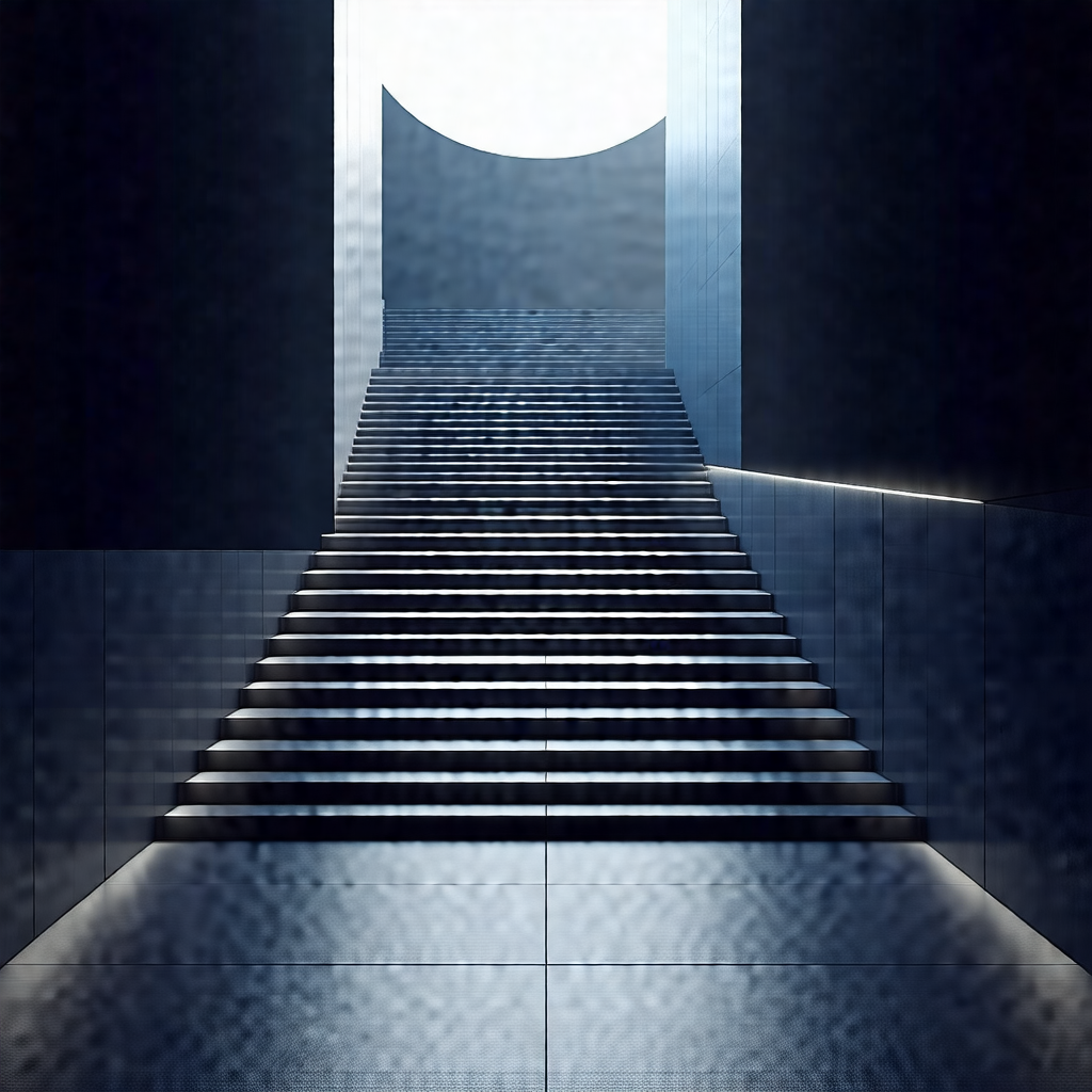 Staircase with a large, round window at the top